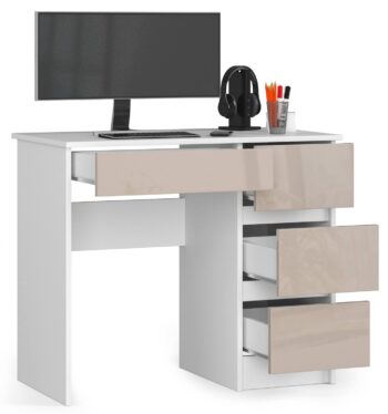 Písací stôl ZEUS90P: Elegancia v kombinácii bielej a capuccino lesku Moderný dizajn sa stretáva s praktickosťou v našom novom písacom stole ZEUS90P. Tento nábytok je vytvorený tak, aby zapadol ako do detskej izby, tak do kancelárie alebo pracovne, a stáva sa tak dokonalým riešením pre rôzne priestory.  Dimenzia: Perfektné rozmery 77 x 90 x 50 cm, ktoré poskytujú dostatok pracovného priestoru bez zbytočného zaujímania miesta. Materiál: LTD zaručuje vysokú odolnosť a dlhú životnosť produktu. < strong>Farba: Svieža biela v kombinácii s hlbokým tónom capuccino lesku dodáva tomuto stolu jedinečný a luxusný vzhľad. Vybavenie: Štyri priestranné zásuvky na skladovanie všetkých vašich kancelárskych potrieb a dokumentov. Štýl: Moderné a dizajnové prvky, doplnené lesklým dekorom, odrážajú najnovšie trendy v oblasti bytového dizajnu.  Pravé prevedenie. Písací stôl ZEUS90P nie je iba funkčný kúskom nábytku, ale aj štýlovým doplnkom, ktorý prinesie sviežosť a eleganciu do vášho interiéru. Objavte radosť z práce a štúdia na stole, ktorý v sebe spája kvalitu, funkčnosť a dizajn!