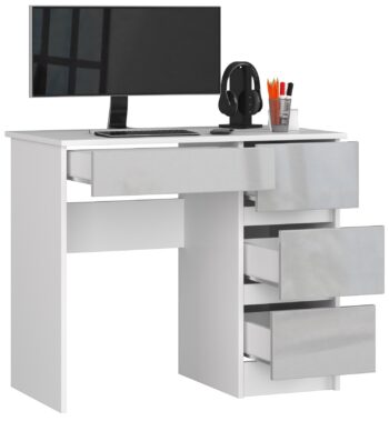 Moderný Písací Stôl ZEUS90P s Metalickým Leskom: Praktickosť stretáva elegancia  Predstavujeme vám ZEUS90P - písací stôl, ktorý kombinuje nielen funkčnosť, ale aj jedinečný dizajn. Jeho biela farba doplnená metalickým lesklým povrchom dodá vášmu interiéru nádych luxusu a sofistikovanosti.   Materiál: LTD - odolnosť a dlhá životnosť garantované. Farba: Biela s metalickým lesklým povrchom - kombinácia , ktorá dodáva stolu výrazný a moderný vzhľad. Rozmery: 77 x 90 x 50 cm - optimálne rozmery pre rôzne typy miestností. Vybavenie : 4 zásuvky - poskytuje dostatok priestoru na uskladnenie vašich potrieb. Štýl: Moderný a dizajnový - ideálny stôl pre tých, ktorí hľadajú kombináciu funkcie a estetiky. li> Dekor: Lesk - dotvára luxusný vzhľad stola.  Pravé prevedenie. Ak túžite po stole, ktorý je nielen praktický, ale aj elegantný, ZEUS90P je správna voľba pre vašu detskú izbu, kanceláriu alebo pracovňu.