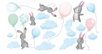 Modrá nálepka na stenu do detskej izby lietajúci zajaci s balónmi 80 x 160 cm