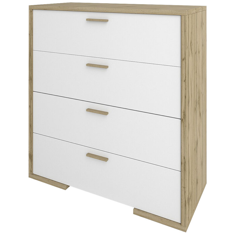 NABBI Finni CH-4DR zásuvková komoda dub wotan / biela Zásuvková komoda FINNI CH-4DR môže rozžiariť aj Váš interiér. Jej rozmery sú (ŠxHxV): 88,7x40,2x95,8 cm. Spálňová kolekcia Finni je moderný nábytok s neobyčajným dizajnom. Vyrobená je v minimalistickom štýle, vďaka čomu bude Váš domov pôsobiť usporiadane a čisto. Farebné prevedenie dub wotan pôsobí…