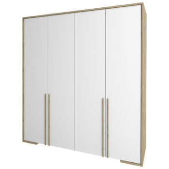 Štvordverová šatníková skriňa FINNI W-4D môže rozžiariť aj Váš interiér. Jej rozmery sú (ŠxHxV): 200x58,3x219,2 cm. Spálňová kolekcia Finni je moderný nábytok s neobyčajným dizajnom. Vyrobená je v minimalistickom štýle, vďaka čomu bude Váš domov pôsobiť usporiadane a čisto. Farebné prevedenie dub…
