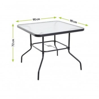 Praktický kovový stôl JUPITER K90 je vhodný na balkón, terasu či do záhrady. Konštrukcia stola je z kovových trubiek 24 x 0,8 mm grafitovej farby a odkladacia plocha z výstuženého skla hrúbky 5 mm. V strede stola sa nachádza otvor s praktickou kritkou pre umiestnenie slnečníka. Je vhodný…