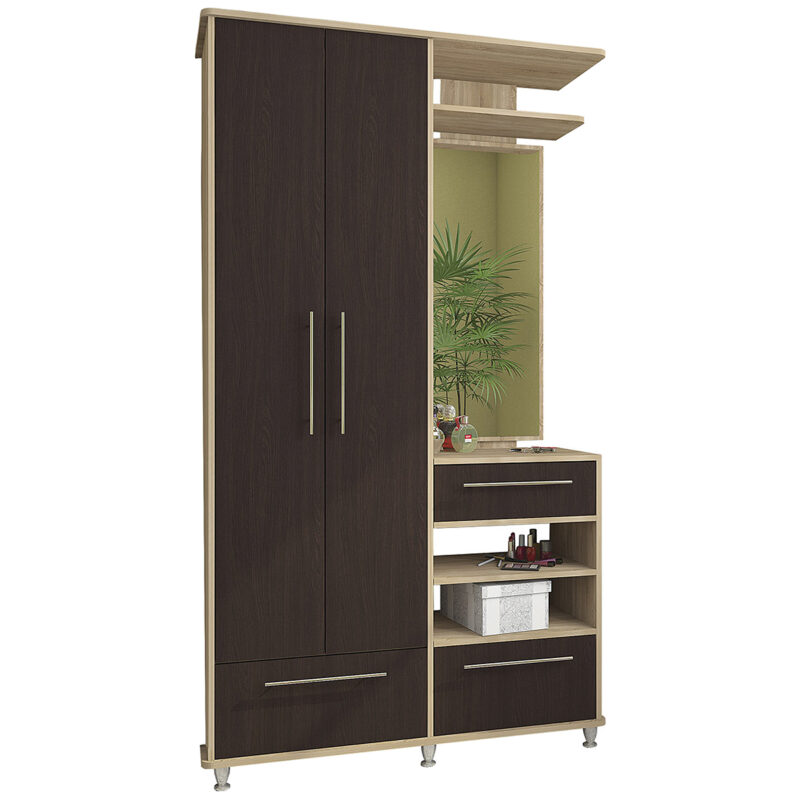 NABBI Naven WSM predsieň s vešiakovým panelom a zrkadlom dub sonoma / wenge magic S predsieňou s vešiakovým panelom a zrkadlom sa Vaša predsieň zmení na elegantnú a modernú. Navyše sa v nej ľahko dajú umiestniť všetky potrebné topánky a vrchný odev. Rozmery predsieňovej skrine sú (ŠxHxV): 113x37,5x203,2 cm. Farebné prevedenie je v kombinácii farieb dub sonoma a wenge magic.…