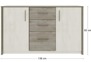 Dvojdverovú komodu so zásuvkami SALERNES CH-1360 si budete pochvaľovať. Jej rozmery sú (ŠxHxV): 136x46x82 cm. Moderný dizajn nábytku Salernes dokonale vylepší akýkoľvek interiér a kombinácia farieb pino aurelio a madagaskar/nelson vizuálne rozšíri priestor a presvetlí ho. Na jeho výrobu…