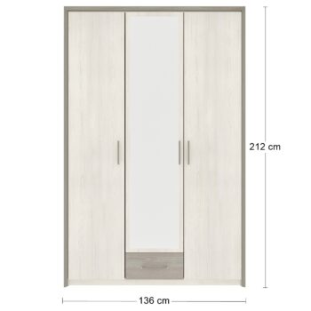 Trojdverovú šatníkovú skriňu so zrkadlom SALERNES W-3D si budete pochvaľovať. Jej rozmery sú (ŠxHxV): 136x57,5x212 cm. Moderný dizajn nábytku Salernes dokonale vylepší akýkoľvek interiér a kombinácia farieb pino aurelio a madagaskar/nelson vizuálne rozšíri priestor a presvetlí ho. Na jeho…