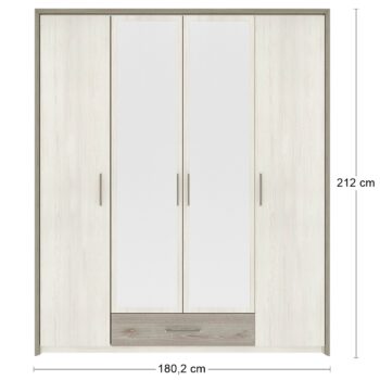 Štvordverovú šatníkovú skriňu so zrkadlom SALERNES W-4D si budete pochvaľovať. Jej majestátne rozmery sú (ŠxHxV): 180,2x57,5x212 cm. Moderný dizajn nábytku Salernes dokonale vylepší akýkoľvek interiér a kombinácia farieb pino aurelio a madagaskar/nelson vizuálne rozšíri priestor a presvetlí…