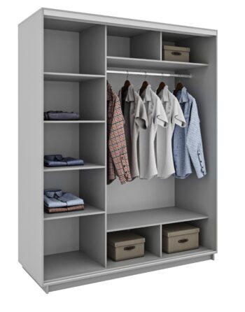 NAYRA je dvojdverová moderná šatníková skriňa, ktorá je charakteristická praktickým úložným priestorom. Skriňa disponuje posuvnými dverami. Je vo farebnom prevedení biela / grafit / dub Craft.Šatníková skriňa má netypickú výšku, až 220 cm, čím sa zabezpečí väčší úložný priestor. Skriňa je členená na policovú a závesnú časť s jednou závesnou tyčou.Šatníková skriňa je vyrobená z kvalitnej LTD dosky, ktorá sa jednoducho udržiava.Rozmery:výška: 220 cmšírka: 180 cmhĺbka: 60 cm.Dodávame v demontovanom stave. 