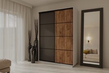 NAYRA je dvojdverová moderná šatníková skriňa, ktorá je charakteristická praktickým úložným priestorom. Skriňa disponuje posuvnými dverami. Je vo farebnom prevedení biela / grafit / dub Craft.Šatníková skriňa má netypickú výšku, až 220 cm, čím sa zabezpečí väčší úložný priestor. Skriňa je členená na policovú a závesnú časť s jednou závesnou tyčou.Šatníková skriňa je vyrobená z kvalitnej LTD dosky, ktorá sa jednoducho udržiava.Rozmery:výška: 220 cmšírka: 180 cmhĺbka: 60 cm.Dodávame v demontovanom stave. 