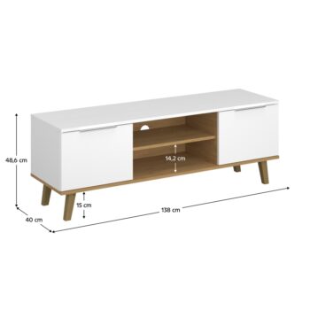 TV stolík Nepu 2D/140 v elegantnom prevedení biela a dub kamenný je ideálnym riešením pre moderné interiéry. Tento kus nábytku od značky KONDELA ponúka nielen štýlový vzhľad, ale aj praktické využitie. S rozmermi 138 cm na šírku, 48,6 cm na výšku