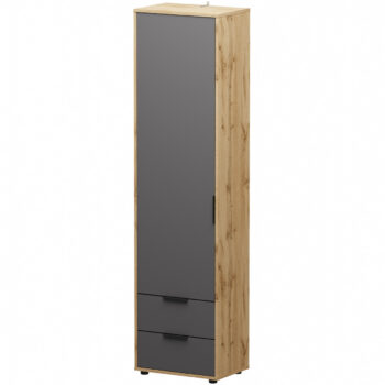 Tento produkt je jednodverová šatníková skriňa Neston 1D/2DR v modernom prevedení sivého grafitu a dubu wotan. Jej rozmery sú 195 cm na výšku, 50 cm na šírku a 34 cm na hĺbku. Skriňa je vyrobená z aglomerovaného materiálu DTD, ktorý je známy svojou odolnosťou a dlhou životnosťou.