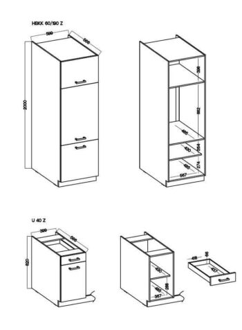 Kuchynská linka NOTI 260 vynikne v každom modernom interiéri a poteší vás nielen štýlovým dizajnom, modernou funkčnosťou, ale aj priaznivou cenou. Kuchynská linka NOTI 260 sa dodáva iba ako zostava, skrinky nepredávame samostatne. Poradie skriniek je možné ľubovoľne meniť.Zostava sa skladá:1x vysoká skriňa na vstavanú chladničku HSKK 60/190 Z - šírka 60 cm1x spodná jednodverová skrinka so zásuvkou U 40 ZPW II - šírka 40 cm1x spodná skrinka na vstavanú rúru HUB 60 ZPW II - šírka 60 cm1x spodná dvojdverová skrinka pod drez SPUB 100 ZPW II - šírka 100 cm1x horná jednodverová skrinka H 40/58 Z - šírka 40 cm1x horná dvojdverová skrinka H 100/58 Z - šírka 100 cm1x pracovná doska biela APL 200-28, hrúbka 2,8 cm, dĺžka 200 cmVlastnosti: korpus: lamino 16 mm, bielahorné dvierka: lamino 16 mm, ABS hranyspodné dvierka: lamino 16 mm, ABS hranyúchytky: plastové 128 mm, striebornézadná doska: HDF 2,5 mm, bielapracovná doska: 28 mm, bieladvierka a šuplíky bez systému tichého dovieraniasúčasťou korpusu spodných skriniek je sokelvysoká skriňa na chladničku s max. výškou 88 cm (viď posledné foto)farebné prevedenie: tmavosivá Matera / biela matnáDodávané v demonte.