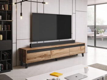 Ak hľadáte nábytok so zaujímavým dizajnom, TV stolík NORD Vás očarí. Kombinácia farebného prevedenia dub wotan / antracit / čierna pôsobí minimalisticky. Na jeho výrobu bola použitá matná laminovaná DTD doska hrúbky 16 mm. Má dostatočné veľkú plochu na umiestnenie televíznej obrazovky a súčasne…