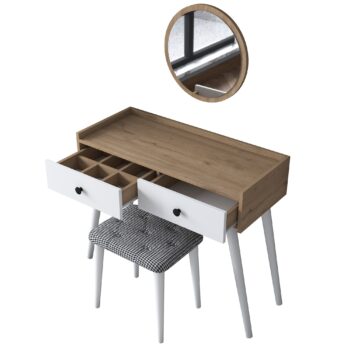 Toaletný stolík NOSE – Elegantný kútik pre vašu spálňuToaletný stolík NOSE je dokonalým doplnkom do každej spálne. Spája funkčnosť s moderným dizajnom v kombinácii bielej farby a orechového dekoru. Tento štýlový stolík poskytuje komfortný priestor na starostlivosť o vzhľad a prináša do vášho interiéru nádych elegancie.Hlavné vlastnosti:Typ tovaru: toaletný stolík so zrkadlomRozmer: 83.8 x 98.6 x 40 cmFarba: biela + orechMateriál: melamín, VT laminátHrúbka materiálu: 18 mmVybavenie: 2 zásuvky, zrkadlo a taburetkaTvar: obdĺžnikovýPočet osôb: pre jednéhoDodatočné informácie: dodávame v demonteToaletný stolík NOSE je vybavený dvoma praktickými zásuvkami, ktoré poskytujú dostatok priestoru na uloženie kozmetiky, šperkov alebo ďalších nevyhnutností. Veľké zrkadlo a pohodlná taburetka zaisťujú maximálny komfort pri každodennej starostlivosti o váš vzhľad.Vďaka kvalitným materiálom, ako je melamín a VT laminát, je stolík odolný, ľahko sa udržuje a dlhodobo si zachováva svoj elegantný vzhľad. Kompaktný obdĺžnikový tvar je navrhnutý pre jedného užívateľa a hodí sa aj do menších spální.Objednajte si toaletný stolík NOSE ešte dnes a vytvorte si svoj vlastný kozmetický kútik, ktorý kombinuje štýl, funkčnosť a pohodlie!