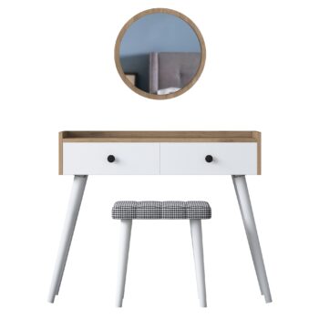 Toaletný stolík NOSE – Elegantný kútik pre vašu spálňuToaletný stolík NOSE je dokonalým doplnkom do každej spálne. Spája funkčnosť s moderným dizajnom v kombinácii bielej farby a orechového dekoru. Tento štýlový stolík poskytuje komfortný priestor na starostlivosť o vzhľad a prináša do vášho interiéru nádych elegancie.Hlavné vlastnosti:Typ tovaru: toaletný stolík so zrkadlomRozmer: 83.8 x 98.6 x 40 cmFarba: biela + orechMateriál: melamín, VT laminátHrúbka materiálu: 18 mmVybavenie: 2 zásuvky, zrkadlo a taburetkaTvar: obdĺžnikovýPočet osôb: pre jednéhoDodatočné informácie: dodávame v demonteToaletný stolík NOSE je vybavený dvoma praktickými zásuvkami, ktoré poskytujú dostatok priestoru na uloženie kozmetiky, šperkov alebo ďalších nevyhnutností. Veľké zrkadlo a pohodlná taburetka zaisťujú maximálny komfort pri každodennej starostlivosti o váš vzhľad.Vďaka kvalitným materiálom, ako je melamín a VT laminát, je stolík odolný, ľahko sa udržuje a dlhodobo si zachováva svoj elegantný vzhľad. Kompaktný obdĺžnikový tvar je navrhnutý pre jedného užívateľa a hodí sa aj do menších spální.Objednajte si toaletný stolík NOSE ešte dnes a vytvorte si svoj vlastný kozmetický kútik, ktorý kombinuje štýl, funkčnosť a pohodlie!