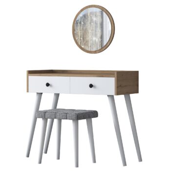 Toaletný stolík NOSE – Elegantný kútik pre vašu spálňuToaletný stolík NOSE je dokonalým doplnkom do každej spálne. Spája funkčnosť s moderným dizajnom v kombinácii bielej farby a orechového dekoru. Tento štýlový stolík poskytuje komfortný priestor na starostlivosť o vzhľad a prináša do vášho interiéru nádych elegancie.Hlavné vlastnosti:Typ tovaru: toaletný stolík so zrkadlomRozmer: 83.8 x 98.6 x 40 cmFarba: biela + orechMateriál: melamín, VT laminátHrúbka materiálu: 18 mmVybavenie: 2 zásuvky, zrkadlo a taburetkaTvar: obdĺžnikovýPočet osôb: pre jednéhoDodatočné informácie: dodávame v demonteToaletný stolík NOSE je vybavený dvoma praktickými zásuvkami, ktoré poskytujú dostatok priestoru na uloženie kozmetiky, šperkov alebo ďalších nevyhnutností. Veľké zrkadlo a pohodlná taburetka zaisťujú maximálny komfort pri každodennej starostlivosti o váš vzhľad.Vďaka kvalitným materiálom, ako je melamín a VT laminát, je stolík odolný, ľahko sa udržuje a dlhodobo si zachováva svoj elegantný vzhľad. Kompaktný obdĺžnikový tvar je navrhnutý pre jedného užívateľa a hodí sa aj do menších spální.Objednajte si toaletný stolík NOSE ešte dnes a vytvorte si svoj vlastný kozmetický kútik, ktorý kombinuje štýl, funkčnosť a pohodlie!
