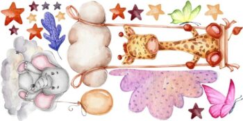 Nálepka na stenu pre deti kamaráti sloník a žirafa na hojdačke 60 x 120 cm