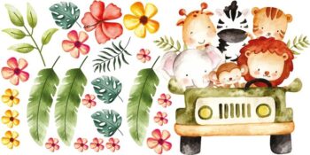 Nálepka na stenu pre deti safari zvieratká na výlete autom 120 x 240 cm