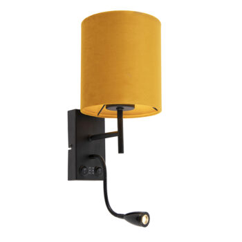 Nástenná lampa čierna s plyšovým žltým tienidlom - Stacca