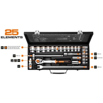 Nástrčné kľúče 1/2, sada 25 ks, CrV 10-036 NEO