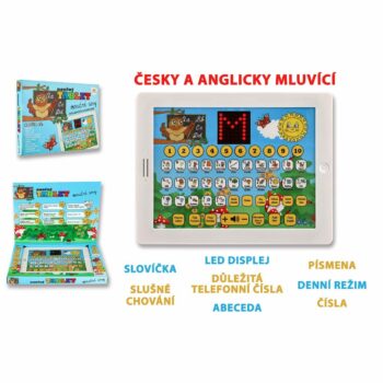 Náučný tablet múdrej sovy dvojjazyčný CZ+AJ, plast, 24x19x2 cm, na batérie so zvukom