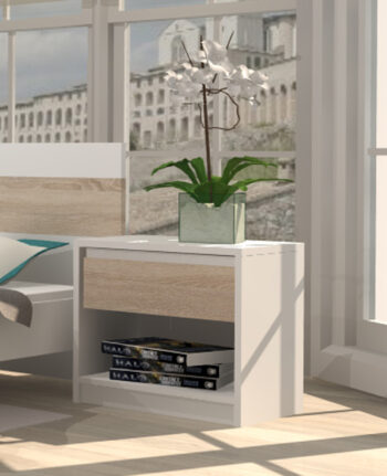 Elegantný nočný stolík zo spálňového nábytku VIENNA. Je vyrobený z LTD materiálu, ktoré sa ľahko udržiava. Zaujímavé farebné prevedenie dub sonoma v kombinácii s bielou farbou. Rozmer (v/š/h) 46 x 42 x 38 cm. Dodávame v demonte V spálňovom sektore VIENNA máte na výber: šatníkovú skriňu, manželskú posteľ, nočný stolík, komody.