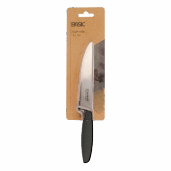 Steakový nôž má čepeľ podobnú pílke. Je dlhá 11,5 cm a pomôže vám s krájaním všetkého, čo bežným príborovým nožom nezvládnete – okrem steakov ho využijete aj na pizzu či hamburgery. Čepele nožov Basic sú vyrobené z kvalitnej nemeckej ocele a do plastovej rúčky sú zapustené – vďaka tomu je spoj veľmi pevný. Rúčky sú potiahnuté vrstvou gumy, preto sa vám v rukách nebudú šmýkať. Nože sú zabalené v papierovej kartičke s priehľadnou plastovou časťou na čepeli. Teší nás, že už pri línii Basic vieme garantovať vynikajúcu kvalitu.