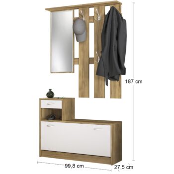 Predsieň so zrkadlom OIKOS HS je moderná zostava, ktorá je tvorená praktickým vešiakovým panelom so zrkadlom, botníkom s vyklápacími dvierkami a zásuvkou. Dvierka aj zásuvka disponujú pre jednoduchšiu manipuláciu so striebornými úchytkami. Materiál použitý na výrobu je kvalitná drevotriesková…