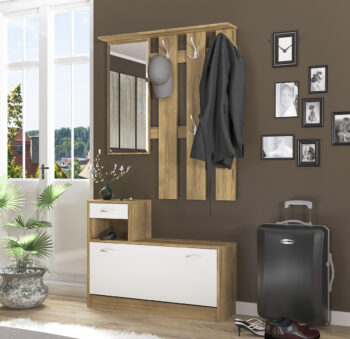 Predsieň so zrkadlom OIKOS HS je moderná zostava, ktorá je tvorená praktickým vešiakovým panelom so zrkadlom, botníkom s vyklápacími dvierkami a zásuvkou. Dvierka aj zásuvka disponujú pre jednoduchšiu manipuláciu so striebornými úchytkami. Materiál použitý na výrobu je kvalitná drevotriesková…