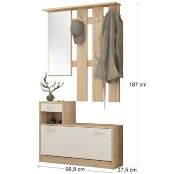 Predsieň so zrkadlom OIKOS HS je moderná zostava, ktorá je tvorená praktickým vešiakovým panelom so zrkadlom, botníkom s vyklápacími dvierkami a zásuvkou. Dvierka aj zásuvka disponujú pre jednoduchšiu manipuláciu so striebornými úchytkami. Materiál použitý na výrobu je kvalitná drevotriesková doska…