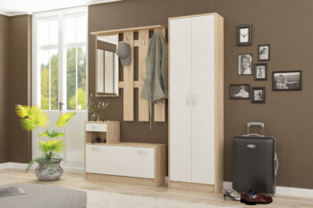 Predsieň so zrkadlom OIKOS HS je moderná zostava, ktorá je tvorená praktickým vešiakovým panelom so zrkadlom, botníkom s vyklápacími dvierkami a zásuvkou. Dvierka aj zásuvka disponujú pre jednoduchšiu manipuláciu so striebornými úchytkami. Materiál použitý na výrobu je kvalitná drevotriesková doska…