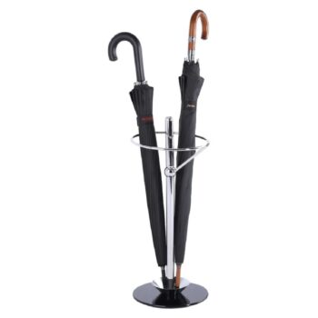 Stojan na dáždnik OLDO je praktický doplnok vhodný do každej moderne zariadenej predsiene. Konštrukcia je vyrobená z kovu vo farbe chrómu a doplnená o sklenený podstavec čiernej farby s priemerom 26 cm. V dolnej časti stojanu sa nachádza praktická miska na odtekanie vody z dáždnika.