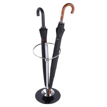 Stojan na dáždnik OLDO je praktický doplnok vhodný do každej moderne zariadenej predsiene. Konštrukcia je vyrobená z kovu vo farbe chrómu a doplnená o sklenený podstavec čiernej farby s priemerom 26 cm. V dolnej časti stojanu sa nachádza praktická miska na odtekanie vody z dáždnika.