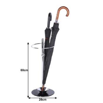 Stojan na dáždnik OLDO je praktický doplnok vhodný do každej moderne zariadenej predsiene. Konštrukcia je vyrobená z kovu vo farbe chrómu a doplnená o sklenený podstavec čiernej farby s priemerom 26 cm. V dolnej časti stojanu sa nachádza praktická miska na odtekanie vody z dáždnika.