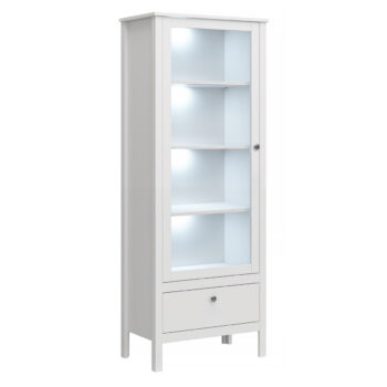 Vitrína Olje 1W1S v elegantnej bielej farbe je ideálnym doplnkom pre váš moderný interiér. Táto vitrína, vyrobená z kvalitného laminovaného DTD materiálu v kombinácii s MDF a sklom, ponúka nielen estetický vzhľad, ale aj praktické využitie. S rozmermi 65 cm na šírku, 37 cm na hĺbku a výškou 200…