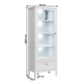 Vitrína Olje 1W1S v elegantnej bielej farbe je ideálnym doplnkom pre váš moderný interiér. Táto vitrína, vyrobená z kvalitného laminovaného DTD materiálu v kombinácii s MDF a sklom, ponúka nielen estetický vzhľad, ale aj praktické využitie. S rozmermi 65 cm na šírku, 37 cm na hĺbku a výškou 200…