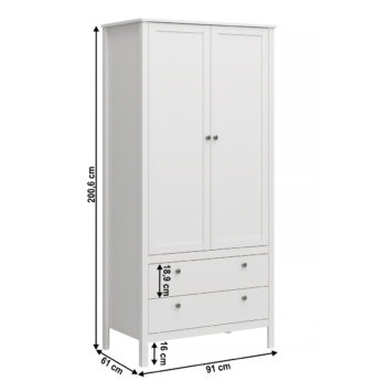 Predstavujeme vám dvojdverovú šatníkovú skriňu so zásuvkami Olje 2D2S v elegantnej bielej farbe, ktorá je ideálnym riešením pre moderné interiéry. Táto skriňa značky KONDELA ponúka praktické a štýlové úložné priestory, ktoré uspokoja vaše potreby organizácie oblečenia a doplnkov.