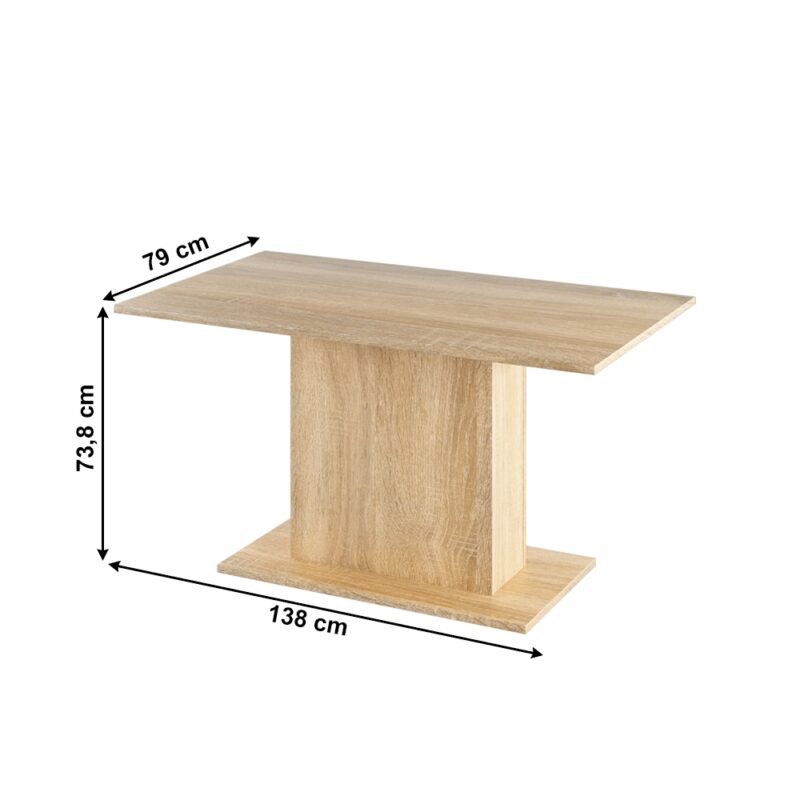 KONDELA Olympa jedálenský stôl 138x79 cm dub sonoma Jedálenský stôl Olympa s rozmermi 138x79 cm v elegantnom prevedení dub sonoma je ideálnym doplnkom pre vašu kuchyňu alebo jedáleň. Tento moderný stôl od značky KONDELA ponúka dostatok priestoru na pohodlné stolovanie až pre šesť osôb, čo ho robí skvelou voľbou pre rodinné obedy…