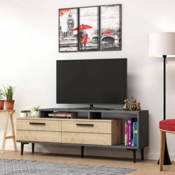 TV stolík ORIN - Štýlový doplnok pre vašu obývaciu izbuZoznámte sa s ORIN, moderným TV stolíkom, ktorý prináša ideálnu kombináciu elegancie a praktickosti. Tento stolík je perfektnou voľbou pre vašu obývačku, kde sa stane nielen praktickým, ale aj estetickým prvkom interiéru. /p>Typ tovaru: TV stolíkMateriál: LTDRozmer: 54 x 150 x 29,6 cmFarba: dub + antracitVybavenie: skrinka a regálPočet dvierok: 2Úchytky: plastHrúbka materiálu: 18 mmDodatočné informácie: Dodávame v demonte, plastové nožičkyORIN ponúka priestrannú skrinku a regál, ktoré vám poskytnú dostatok miesta na uloženie elektroniky, kníh alebo dekorácií. S kvalitným spracovaním a moderným dizajnom je tento TV stolík skvelou voľbou pre každú domácnosť.