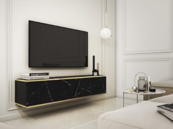 Moderný TV stolík ORLANDO sa stane pýchou každej obývačky. Zavesením na stenu v miestnosti pôsobí vzdušne a nadčasovo. Pre produkt boli použité módne farby a odolné materiály. Je vybavený dvoma priehradkami, ktoré poskytujú priestor pre rôzne typy elektronických zariadení a ďalšie príslušenstvo. Tiché a jemné otváranie dvierok zabezpečí push to open systém, stačí len zľahka zatlačiť na čelo nábytku. Zaujímavé zlaté lemovanie na TV skrinke pôsobí luxusne a štýlovo. Farebné prevedenie: čierny mramorMateriál:  Laminovaná nábytková doska, vystužená ABS hranou.ROZMERY: Hĺbka: 32 cmŠírka: 135 cmVýška: 30 cmDodávame v demonte.  