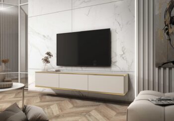 Moderný TV stolík ORLANDO sa stane pýchou každej obývačky. Zavesením na stenu v miestnosti pôsobí vzdušne a nadčasovo. Pre produkt boli použité módne farby a odolné materiály. Je vybavený troma priehradkami, ktoré poskytujú priestor pre rôzne typy elektronických zariadení a ďalšie príslušenstvo. Tiché a jemné otváranie dvierok zabezpečí push to open systém, stačí len zľahka zatlačiť na čelo nábytku. Zaujímavé zlaté lemovanie na TV skrinke pôsobí luxusne a štýlovo. Farebné prevedenie: béžováMateriál:  Laminovaná nábytková doska, vystužená ABS hranou.ROZMERY: Hĺbka: 32 cmŠírka: 175 cmVýška: 30 cmDodávame v demonte.  