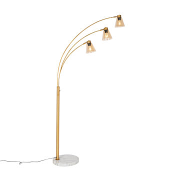 Oblúková lampa bronzová s mramorom a jantárovým sklom 3-svetlo - Nina