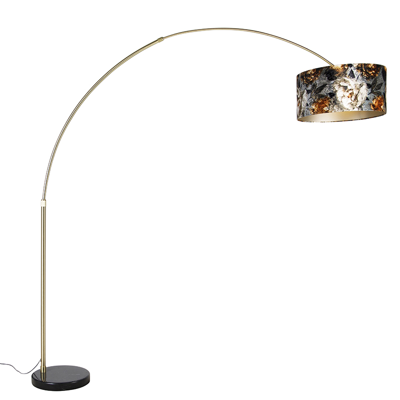 Oblúková lampa mosadz s čiernym tienidlom s kvetinovým vzorom 50 cm - XXL Oblúková lampa mosadz s čiernym tienidlom s kvetinovým vzorom 50 cm - XXL