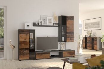 Obývacia stena SAMBA je vytvorená v jednoduchom, no zároveň v módnom dizajne. Materiál LTD doska. Vďaka neštandardnému farebnému prevedenie old style/matera sa bez pochyby stane dominantou Vašej obývačky.V obývacej zostave sa nachádzajú nasledujúce prvky:- vitrína 59 x 31 x 115 cm,- TV stolík 176 x 40 x 28 cm,- závesná vitrína 59 x 31 x 113,- polica 102 x 18 x 16 cm.Do vitrín je možné dokúpiť LED osvetlenie sklených poličiek. Stena je v ponuke iba ako komplet.  Dodávame v demonte.