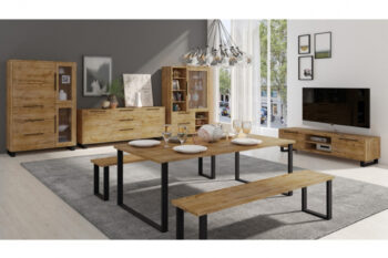 Sektor HELL svojím netradičným a zároveň elegantným dizajnom presvetlí každý moderný interiér.Nábytok obývacej zostavy HELL je vyrobený z LTD dosky, ktorý sa ľahko udržiava. Farba nábytku je dub wotan. Nábytok zostavy má čierne kovové nohy. Na dvierkach a šuplíkoch sa nachádzajú elegantné úchytky z plastu čiernej farby.Zostava HELL obsahuje 4 komponenty:- 2-dverová komoda HELL 25 s troma šuplíkmi, rozmery: š/v/h - 200/80/45 cm- 3-dverová vitrína HELL 12 s troma šuplíkmi, rozmery: š/v/h - 120/190/45 cm- 1-dverová vitrína HELL 13 s dvoma šuplíkmi, rozmery: š/v/h - 120/190/45 cm- TV stolík HELL 40 s dvoma výklopnými skrinkami, rozmery: š/v/h - 180/50/50 cm.Súčasťou zostavy nie je jedálenský stôl HELL 94 a lavica HELL 89. Máte možnosť si ich doobjednať, viď doporučenia. Dodávame v demonte.