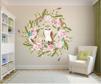 Originálna veľká nálepka na stenu sova s kvetmi 120 x 240 cm