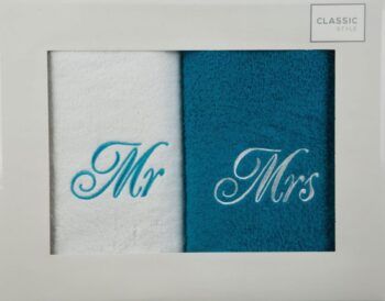 Originálne bavlnené bielo tyrkysové ručníky MR and MRS Šírka: 70 cm | Dĺžka: 140 cm