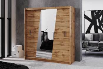 Šatníková skriňa PANOMA 203 vás zaujme svojím elegantným prevedení. Je vhodná do moderných interiérov. Spojenie praktickosti so štýlových vzhľadom poteší nejedného zákazníka.Skriňa je vyrobená z LTD dosiek, ktoré sa ľahko udržiavajú.  Na dverách je veľké štýlové zrkadlo. Skriňa je vo farebnom prevedení dub wotan.Šatníková skriňa je dvojdverová. Disponuje posuvnými dverami. V jej vnútri  sa nachádza 9 praktických políc na uloženie vášho oblečenia a podobne. Tiež disponuje jednou šatníkovou tyčou na šaty, obleky a podobne.Rozmery (š,v,h): 203 x 215 x 61 cm.Dodávame v demontovanom stave.