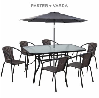 Jedálenský stôl PASTER je vhodný do záhrady alebo na terasu. Stabilitu mu zaisťuje pevná oceľová konštrukcia v čiernej farbe. Horná doska je vyrobená z tvrdeného skla a predpripravená na osadenie slnečníka. Použitý materiál je nenáročný na údržbu. Konštrukcia je pevná a zabezpečuje stabilitu. Za…