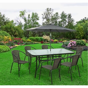 Jedálenský stôl PASTER je vhodný do záhrady alebo na terasu. Stabilitu mu zaisťuje pevná oceľová konštrukcia v čiernej farbe. Horná doska je vyrobená z tvrdeného skla a predpripravená na osadenie slnečníka. Použitý materiál je nenáročný na údržbu. Konštrukcia je pevná a zabezpečuje stabilitu. Za…