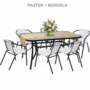 Jedálenský stôl PASTER je vhodný do záhrady alebo na terasu. Stabilitu mu zaisťuje pevná oceľová konštrukcia v čiernej farbe. Horná doska je vyrobená z tvrdeného skla a predpripravená na osadenie slnečníka. Použitý materiál je nenáročný na údržbu. Konštrukcia je pevná a zabezpečuje stabilitu. Za…